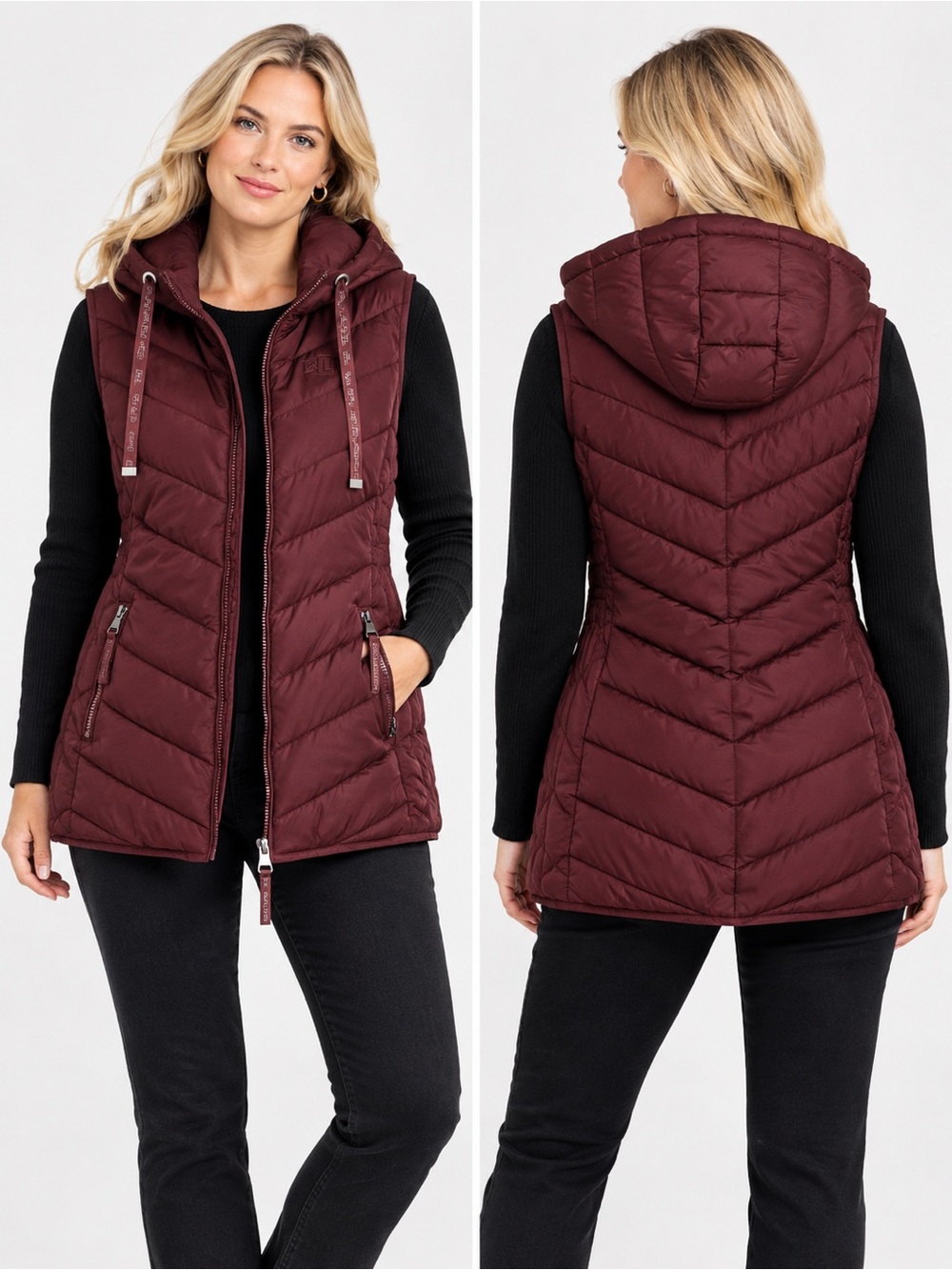 LRL Ralph Lauren Womens Loden Burgundy Hooded Stretchy Quilted Puffer Vest NWT